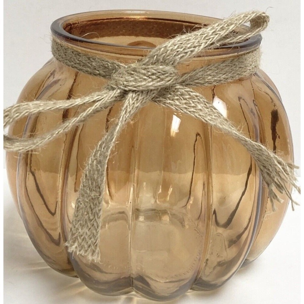 Pumpkin Orange Glass Candy Dish / Candle Holder With Burlap Bow Fall‎ Autumn